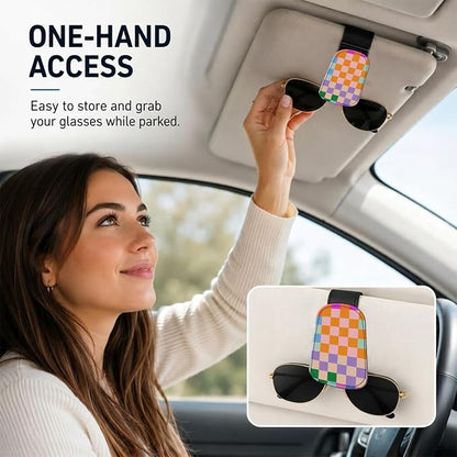 Leather Magnetic Sunglass Holder for Car Sun Visor, Cute Eyeglass Ticket Card Hanger Clip, Universal Auto Interior Accessories for SUV Pickup Truck, Color Checkered - Image 2