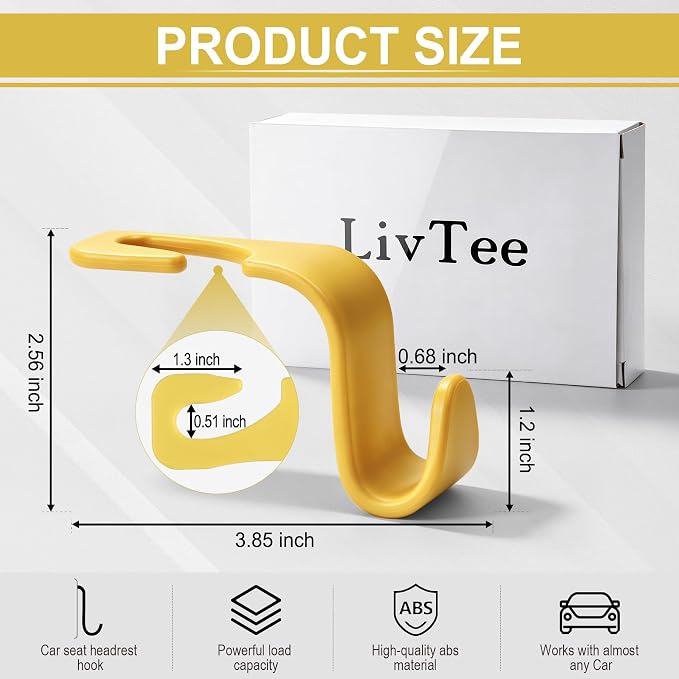 LivTee Car Seat Headrest Hook, Car Headrest Hidden Hook, 4 Pack Universal Auto Car Back Seat Hook Organizer for Purse Coat, Car Interior Accessories (Yellow) - Image 3