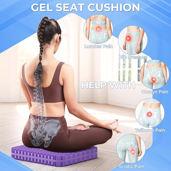 TushGuard Gel Seat Cushion for Long Sitting, Breathable Thick Patent Design | Enlarged Cooling Chair Pad for Office Chair, Wheelchair, Desk Chair, Supportive Car Cushion (Standard, Black+Violet) - Image 6
