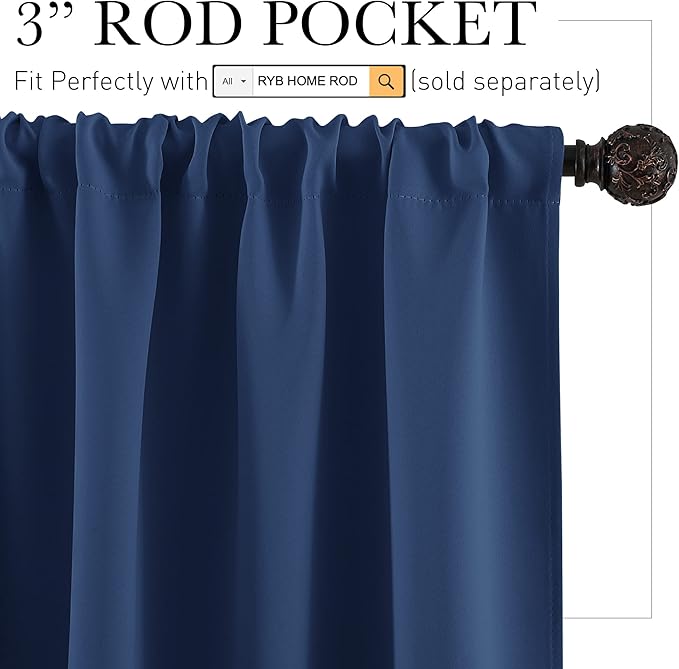 RYB HOME Kitchen Blackout Window Curtains Over Sink 36 inch Length | Summer Light Blocking Energy Efficient, Cabinet Shelf Cupboard Blinds Shades Window Coverings, W29 x L36, Navy Blue, 2 Panels - Image 2
