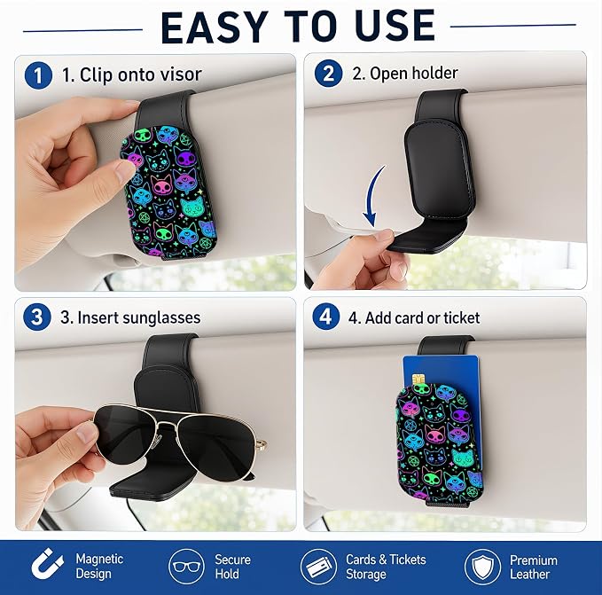 Leather Magnetic Sunglass Holder for Car Sun Visor, Cute Eyeglass Ticket Card Hanger Clip, Universal Auto Interior Accessories for SUV Pickup Truck, Neon Cat - Image 5