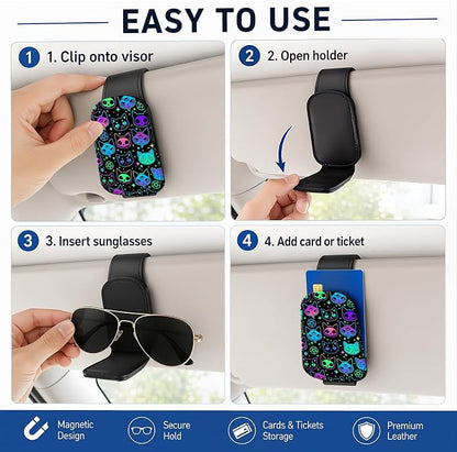 Leather Magnetic Sunglass Holder for Car Sun Visor, Cute Eyeglass Ticket Card Hanger Clip, Universal Auto Interior Accessories for SUV Pickup Truck, Neon Cat - Image 5