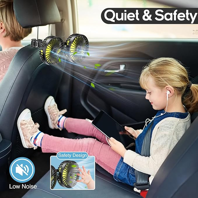 Dealswin Car Fan for Backseat kids, Dual Head USB Car Seat Fans, 360° Rotatable Strong Wind Rear Headrest CarFan for Baby, Air Circulation Fan with Adjustable Clip for Vehicles SUV RV - Image 6