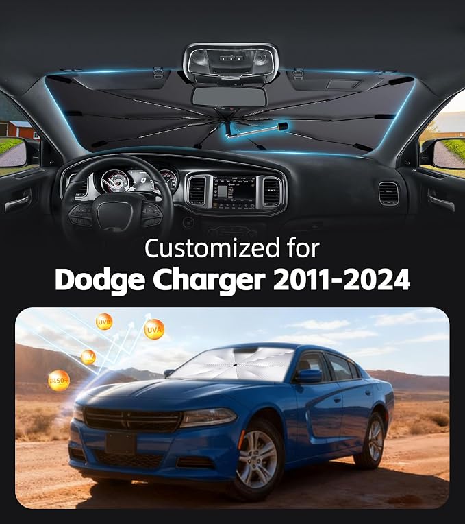 Windshield Sun Shade for Dodge Charger 2011-2024 with 360° Rotating Shaft | Custom Fit Umbrella Sunshade for UV Blocking, Interior Heat Protection, Easy Storage, UPF 50+ Cool Windshield Cover - Image 2
