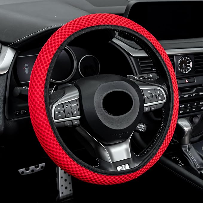 Alpmosn Elastic Stretch Steering Wheel Cover, Universal Interior Accessories Steering Wheel Cover for Women & Men, Breathable Microfiber Ice Silk, Anti-Slip, Odorless, Easy Carry(Red) by alpmosn
