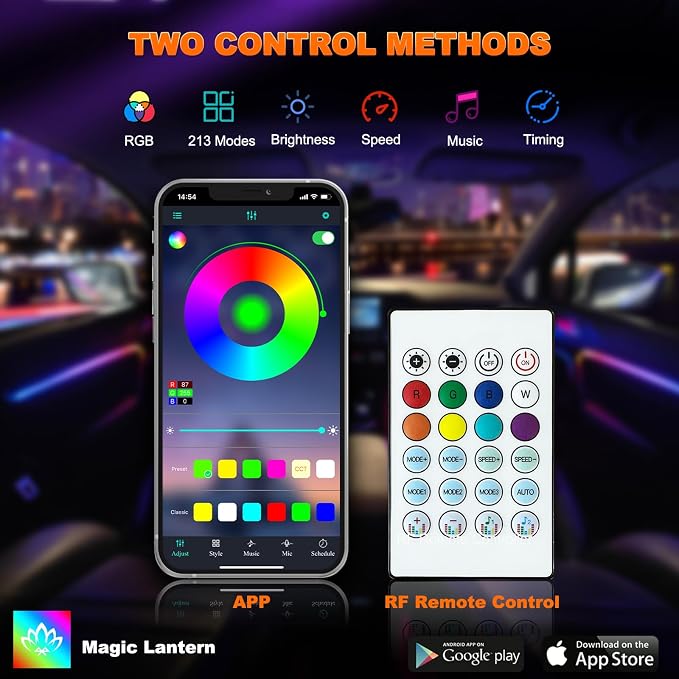 Jushope Interior Car LED Strip Lights, Acrylic LED Lights for Car with Dynamic Dreamcolor Chasing, Ambient Lighting Kits Music Sync Wireless APP and RF Remote Control (43.5+14.5'') - Image 7