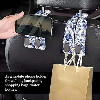 Car Seat Headrest Hook, Universal Leather Cute Hanger Holder Hook, Storage Organizer Interior Accessories for Purse Bags Handbag Luxury Blue Flowers - Image 2