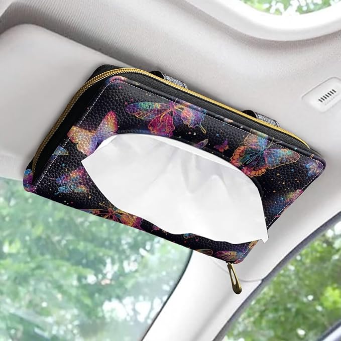 Biyejit Car Tissue Holder, Colorful Butterfly PU Leather Sun Visor Napkin Box Holder, Hanging Tissue Mask Holder with Glasses Clip for Car Visor, Auto, Vehicle Accessories - Image 2
