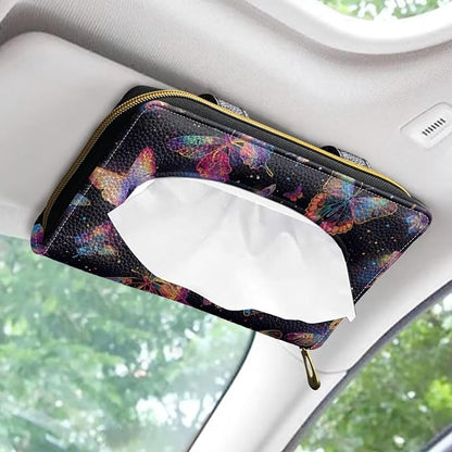 Biyejit Car Tissue Holder, Colorful Butterfly PU Leather Sun Visor Napkin Box Holder, Hanging Tissue Mask Holder with Glasses Clip for Car Visor, Auto, Vehicle Accessories - Image 2