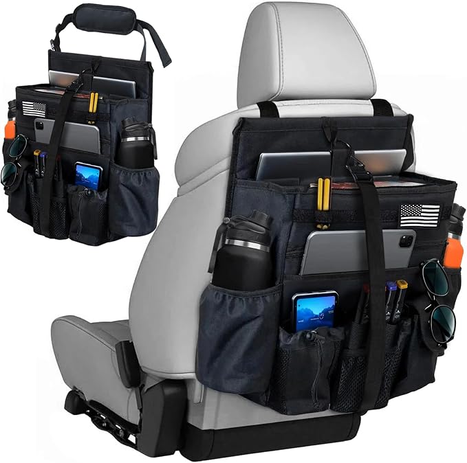 Front & Seat back organizer with dedicated tablet and 15.6 IN laptop storage stabilizers external stabilizing side straps soft adjustable shoulder straps hardened buckle (Black) by AIAUTOAIEVAutoPart