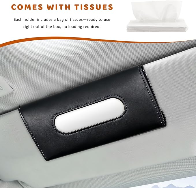 Car Visor Tissue Holder, Premium Leather Sun Visor Napkin Organizer with Tissue Refill, Universal Backseat Napkin Case Sunvisor Mask Holder for Cars SUVs Trucks RVs (Black) - Image 3