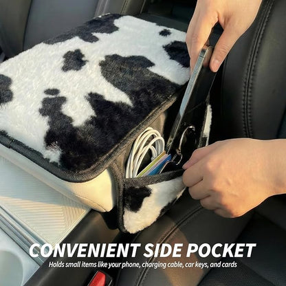 Plush Fuzzy Car Center Console Cover with 2 Side Pockets, Cow Print | Fluffy Armrest Cushion Pad,Soft Car Interior Accessories with Storage for Men & Women,Universal Fit for Vehicles SUV Truck - Image 4