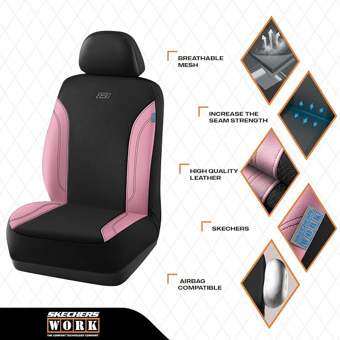 Skechers Work Seat Covers, Leather Seat Covers 5-Times Stronger Built-in Webbing, Oxford Fabric Front Seat Cover, Airbag Compatible, Automotive Comfort for Cars, Trucks, SUVs,Pink - Image 3