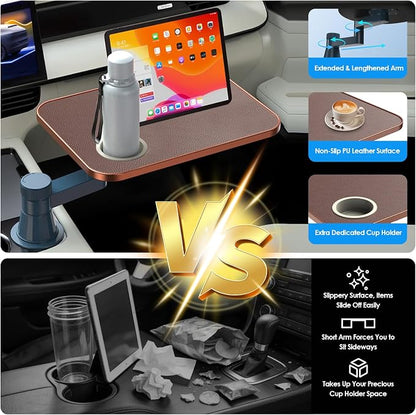 Car Tray& Car Desk for Laptop,Dual 360° Rotating,Anti Slip Leather Surface, Food Tray, Cup Holder Table Compatible with Tesla Model Y/3/S, Ford F150/Explorer/Maverick/Home Theater Seating (Brown) - Image 7