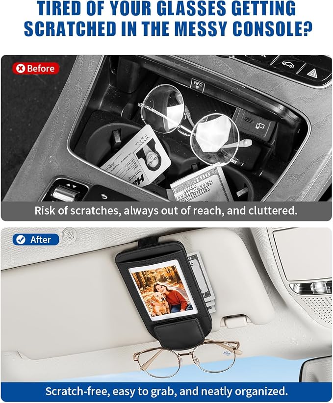 Car Visor Sunglasses Holder, 3 in 1 Glasses Clip with Photo Picture Display & Extra Storage Pocket, Anti-Slip Universal Sun Visor Organizer, 2026 Upgraded (2, Black) - Image 3