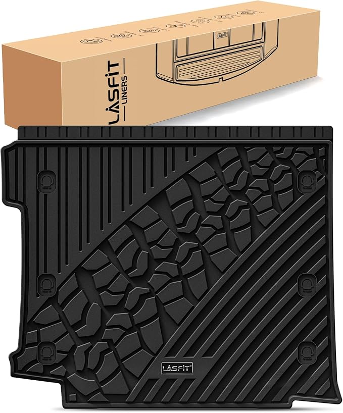 LASFIT Cargo Mat for Jeep Wrangler JL 2018-2026 4 Doors with SUBWOOFER | Not for JK/Not PHEV/Not 2-Door, All Weather, TPE, Custom Fit, Trunk Mat, for Flat Load Floor, Gas Type, Black by LASFIT
