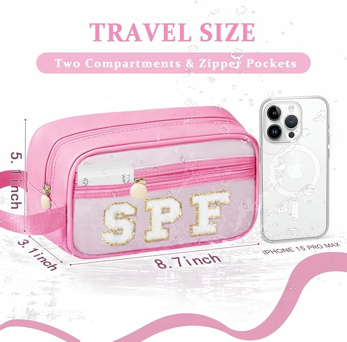 COSHAYSOO Clear Sunscreen Bag Makeup Toiletries Pouch Beach Vacation Essentials Summer Travel Stuff Accessories Personalized Graduation Gifts for Women College Teen Girls Teacher Nurse Pink SPF - Image 2