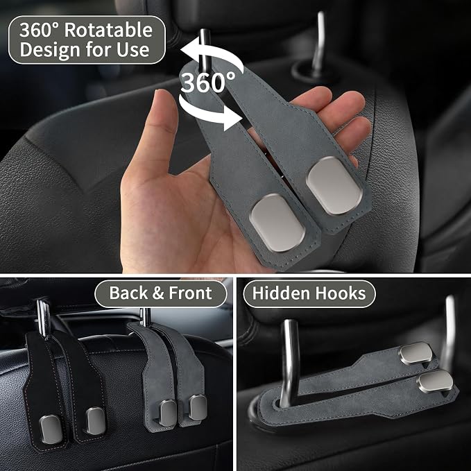 Car Purse Hook, Car Seat Headrest Hooks, Grey Leather 2 Pack | Car Purse Holder Hooks, Universal Car Hangers Seat Back Organizer Storage, Double Metal Hooks for Grocery Purses and Bags - Image 2