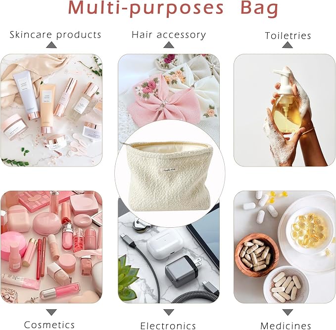 RSRSLEII Travel Woven Woolen Makeup Bag, Vintage Toiletry Bag(03Beige Wool) | Aesthetic Portable Cosmetic Bag with Zipper, Cute Makeup Pouch with Canvas Lining, Car Storage Bag for Women and Girls - Image 8