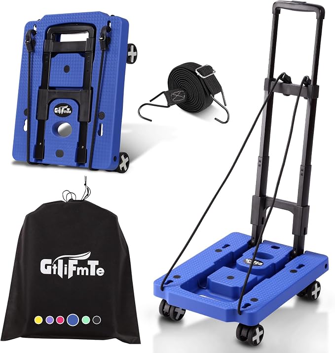 GtIiFmTe Foldable Hand Truck, Lightweight Luggage Cart for Airport Car Seat | Compact Folding dolly with Rotating swivel wheel,storage size12×15.7×4.1",300lbs Load,Upright Lock Handle with 3bungee cords by GtIiFmTe