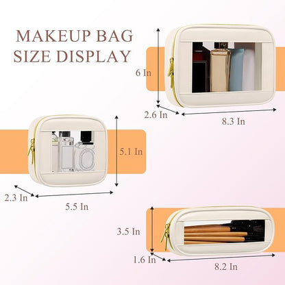 3-Piece Travel Clear Makeup Bag Set, Small Cosmetic Bag with Makeup Brush Case, Leather Waterproof TSA Approved Toiletry Bag with Zipper, Car Organization for Women (Beige-2, Mini+Slim+Medium) - Image 2
