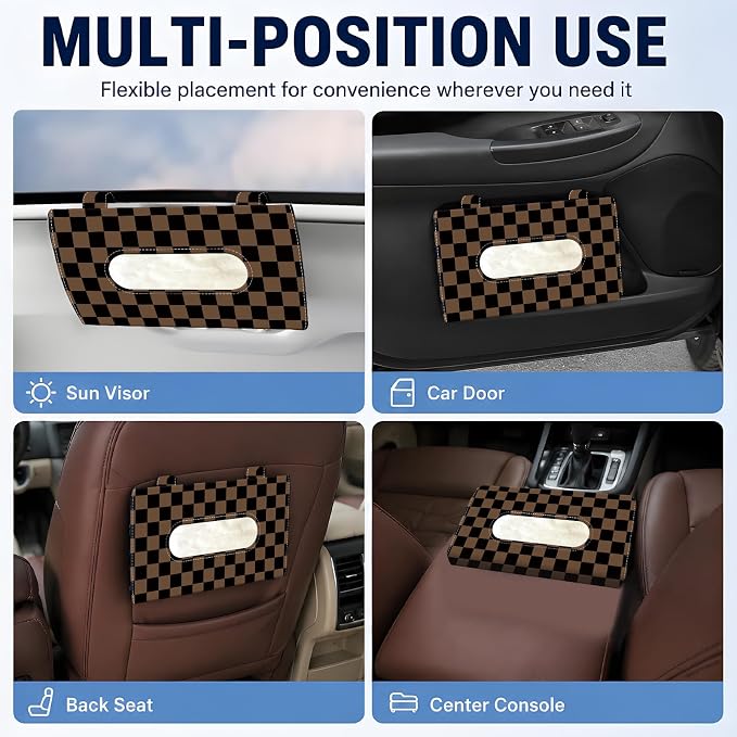 Car Tissue Holder, Cute Sun Visor Napkin Holder Backseat Tissue Case, PU Leather Tissue Box, Funny Car Accessories for Women Men Black Brown Cute Plaid - Image 5