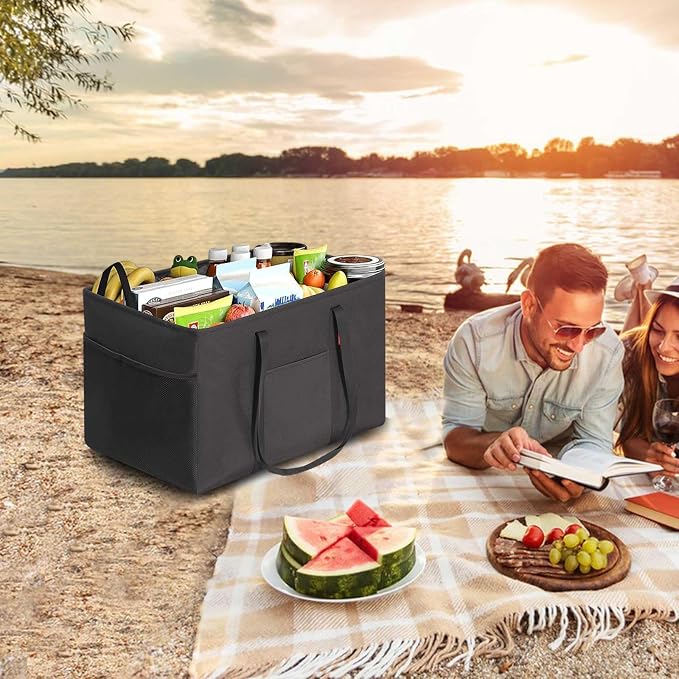LHZK 2 Pack Utility Tote Bag with Metal Wire Frame and the Sides Rinforced, Large Tote Bag with Handle, Reusable Grocery Bags Foldable, Beach Bag, Car Tote (Black, 18.5''x11.8''x11.5'') - Image 6