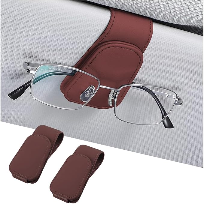 AICEL 2PCS Sunglasses Holders for Car Sun Visor, Magnetic Clip, Wine Red | Leather Eyeglasses Hanger Mounter, Magnetic Glasses Holder and Ticket Card Clip, Car Accessories, Universal Fit by AICEL