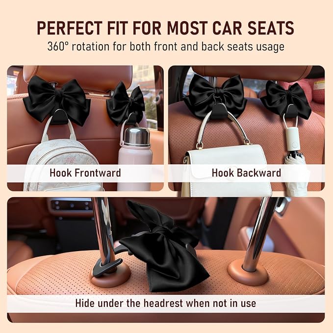 Bow Car Hooks for Purses and Bags, 2 Pack Cute Car Purse Hook, Universal Car Seat Headrest Hooks Bag Holder, Bow Car Accessories, Automotive Purse Hook Hanger Interior Decoration Accessories (Black) - Image 3