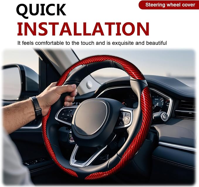 3pcs Universal Carbon Fiber Steering Wheel Cover - Anti-Slip & Segmented Design, Universal 99% Durable Steering Wheel Protector for Men and Women, Car Interior Accessory (Red) - Image 6