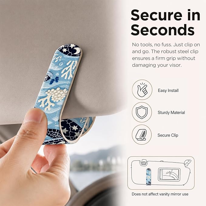 Sunglasses Holder for Car Visor, PU Leather Glasses Clip Organizer, Cute Magnetic Eyeglass Holder for Vehicle Sun Visor, Car Interior Accessory for Women & Men, Ocean Turtle - Image 4