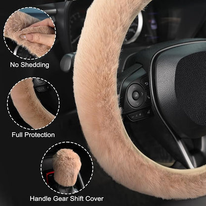 SEG Direct Fluffy Furry Steering Wheel Cover Fuzzy Gear Shift Cover, Khaki | 2 PCS Set, Soft and Warm, Cute Fur Auto Car Decor, Standard Size 14.5- 15 inch for Women Men - Image 4