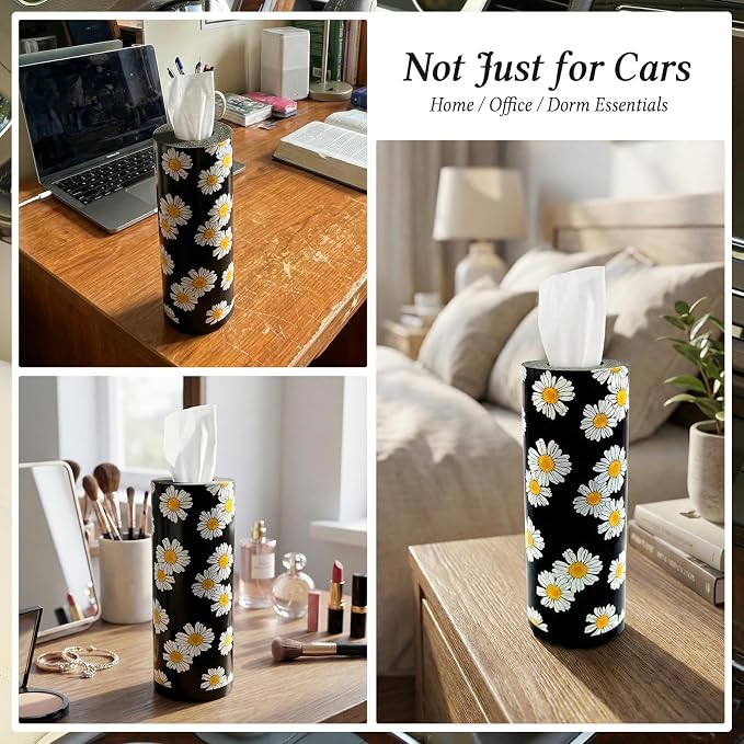 Car Tissues Cylinder for Cup Holder - Refillable Round Tissues Canister with 2 Packs Tissue - Boho Floral Car Interior Accessories for Women & Men - Cute Flower Cars Decorations (Daisy) - Image 7