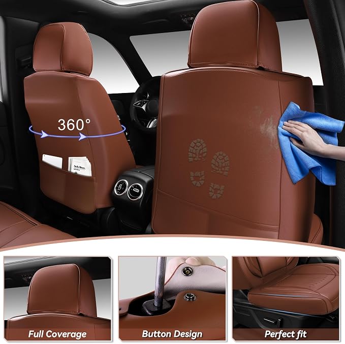 CAR PASS Luxury Nappa Leather Car Seat Covers Full Set, Lumbar Support Seat Covers for Car 5 Seats, Waterproof Car Seat Protector, Automotive Seat Covers Universal Fit for Most Sedans SUV Trucks Brown - Image 2