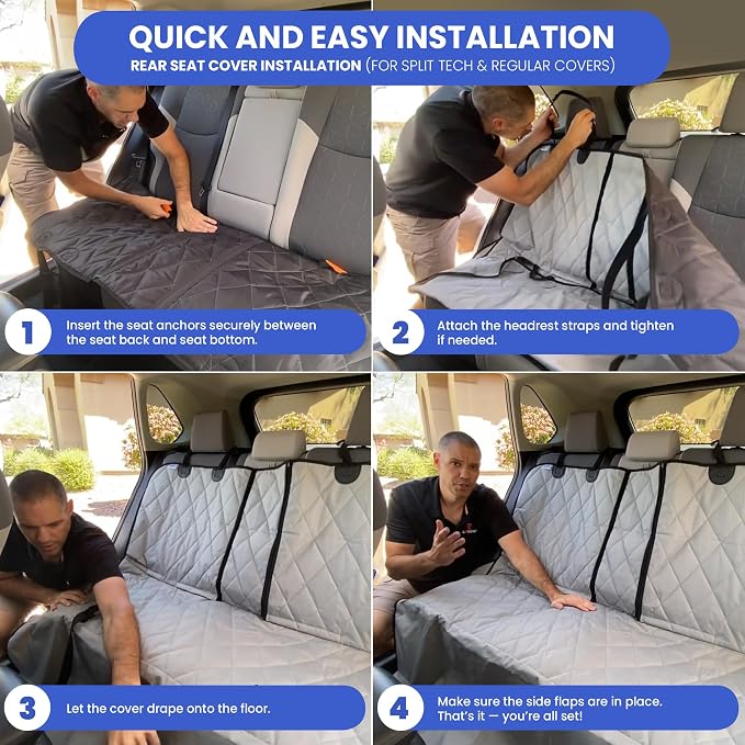 4Knines Heavy-Duty Rear Seat Cover for Dogs - Fitted, Black Reg | K9-Shield waterproof layer, non-slip backing, quick-release clips for easy install and cleanup. Machine washable. - Image 8