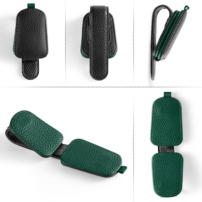 SINGARO Sunglasses Holder for Car, Leather Magnetic Buckle Sun Visor Sunglass Clip, Ticket Card Storage Glasses Clip, Car Interior Accessories for Men and Women（Black-Green） - Image 4
