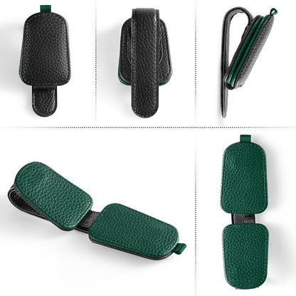 SINGARO Sunglasses Holder for Car, Leather Magnetic Buckle Sun Visor Sunglass Clip, Ticket Card Storage Glasses Clip, Car Interior Accessories for Men and Women（Black-Green） - Image 4