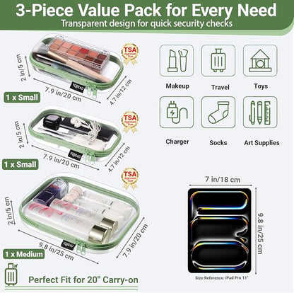 YQBRAO Clear Hard Shell Organizer Cases, 3-Pack, Green | Rigid 1.2 mm clear PET organizers with multi-size design for home storage, travel use, and everyday essentials - Image 4