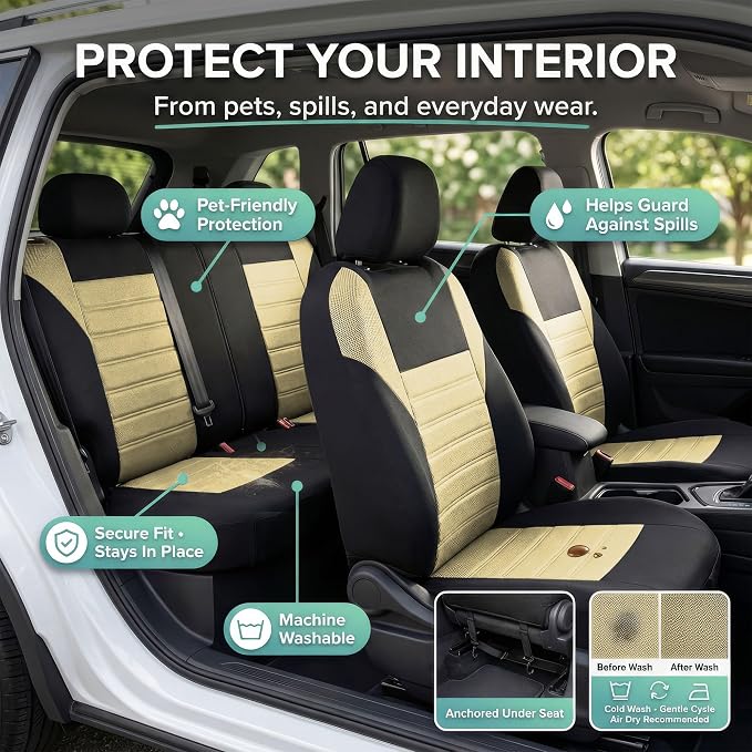 FH Group Automotive Car Seat Covers Full Set Premium 3D Air Mesh Front Seat Covers, Airbag Compatible & Split Bench Cover Universal Fit Interior Accessories for Cars Trucks and SUVs - Beige - Image 6
