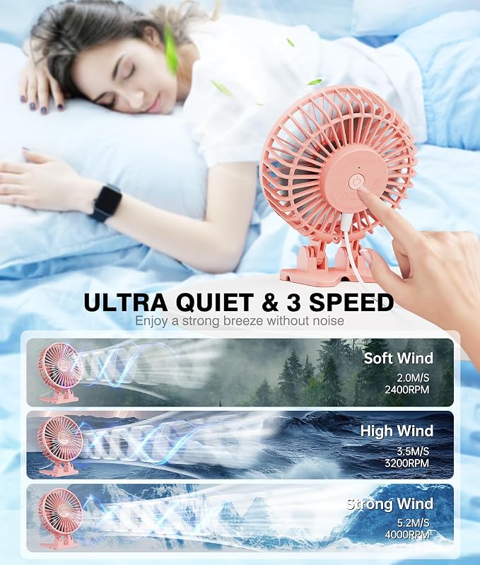 JZCreater USB Desk Fan, Portable Mini Fan, 3 Speeds Desktop Table Cooling, Plug in Power, Rotation Strong Wind, Quiet Personal Small Fan for Home Desktop Office Travel Bedroom, Pink - Image 3