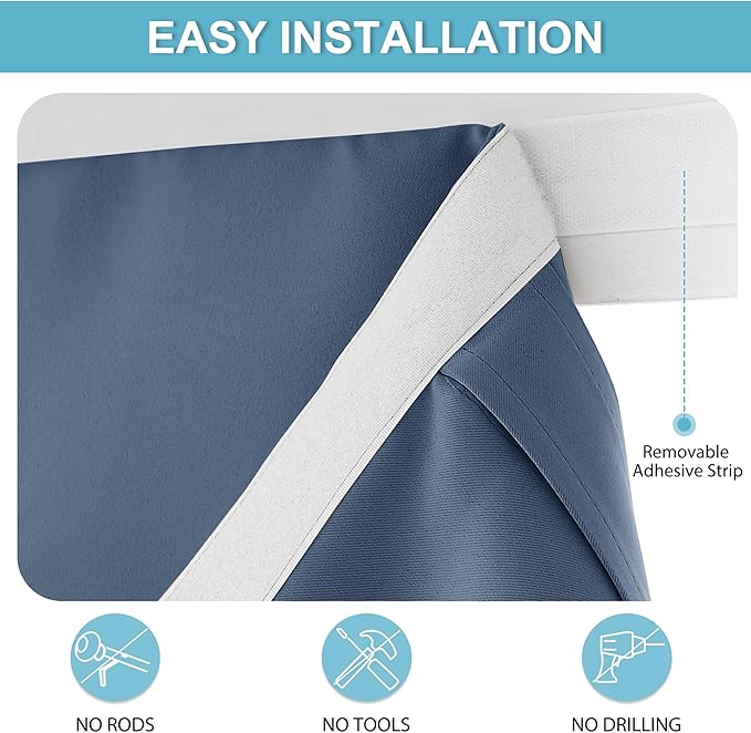 RYB HOME Adhesive Blackout Curtains 72 inches Long for Living Room Office | No Drill, Thermal Insulated, For Patio Kitchen Front Entry Front Back Door Glass Window, W42 x L72, Stone Blue, 1 Panel - Image 2