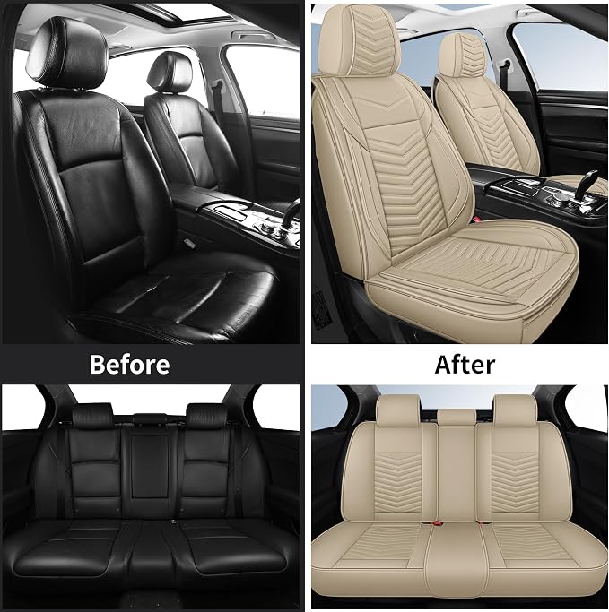 HChengkikz Nappa Leather Car Seat Covers Full Set, Beige Car seat Protector 5 Seats, Waterproof Car Seat Cushion, Universal Automotive Seat Covers Fit for SUV Truck Pick-up Sedan, Front and Rear | Easy Maintenance, Airbag Compatible, Universal Fit For ... - Image 9