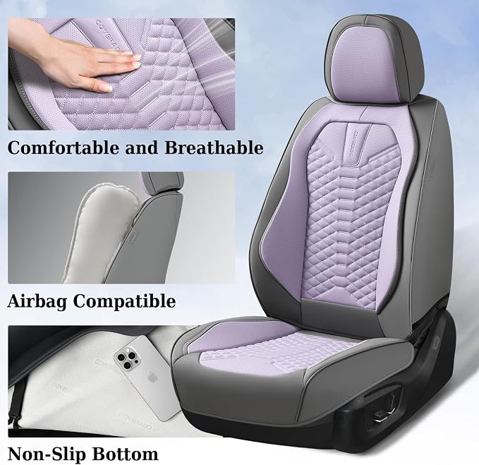 Coverado Car Seat Covers, Front Seat Cover, Waterproof Nappa Leather Seat Covers for Cars, Driver Car Seat Protectors, Gray and Purple Automotive Seat Covers Universal Fit for Most Cars - Image 3