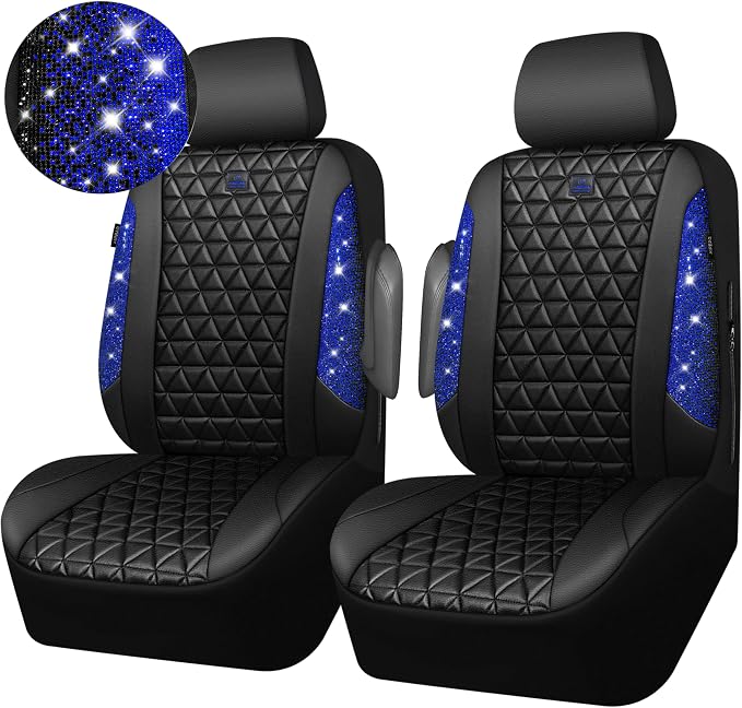 CAR PASS Bling Diamond Black Leather Car Seat Covers for 2 Front Interior Sets, Waterproof Shining Glitter Sparkly Crystal Universal Armrest Fit Automotive Truck SUV Cute Women Girl, Blue Rhinestone - Image 8