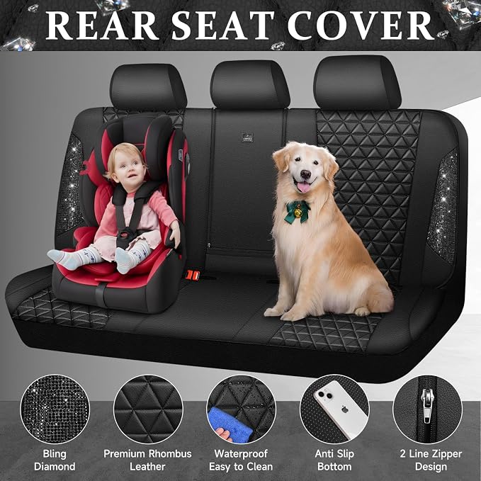 CAR PASS Bling Back Seat Cover, Waterproof Leather Bench Rear Seat Cover Shining Diamond Truck Glitter Crystal Sparkly Rhinestone Universal Fit Armrest Automotive Kid Women Girl, Black Diamond - Image 4