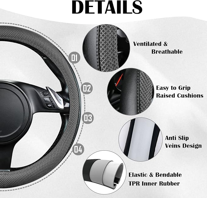 CAR PASS 3D Air Mesh Car Seat Covers Full Sets w/5mm Sponge, 4Pcs Waterproof Car Floor Mats, Steering Wheel Cover Universal Fit for SUV Sedan Truck, Airbag Compatible Automotive Interior(Black Gray) - Image 5