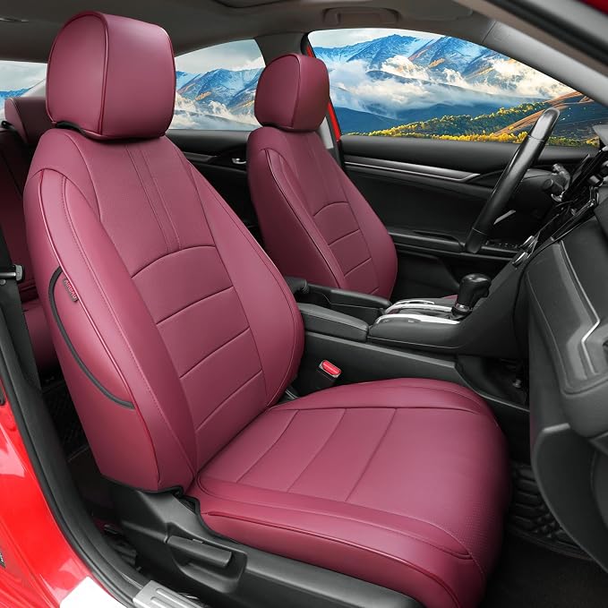 Lolcar Custom Fit Civic Seat Covers for Honda Civic Sedan 2016 2017 2018 2019 2020 2021 LX(Not for LX-P) - 5-Seats Leather Full Set ，Burgundy(Solid Rear Seatback - No Rear Armrest) by LOLCAR