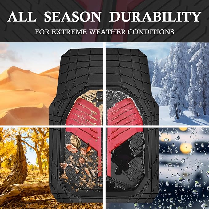 CAR PASS Heavy Duty Rubber Car Mats, Deep-Dish Car Floor Mats All Weather, Universal Two-Tone Trim-to-Fit for SUVs Trucks Sedans, Waterproof Anti-Slip, 3 Pieces V12 Black and Metallic Red - Image 3