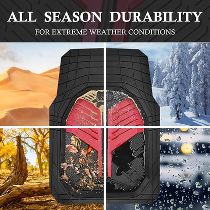 CAR PASS Heavy Duty Rubber Car Mats, Deep-Dish Car Floor Mats All Weather, Universal Two-Tone Trim-to-Fit for SUVs Trucks Sedans, Waterproof Anti-Slip, 3 Pieces V12 Black and Metallic Red - Image 3
