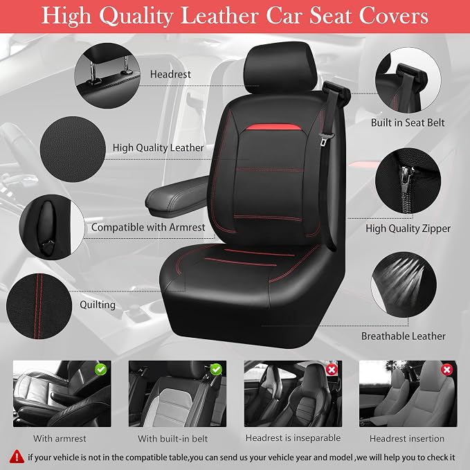 CAR PASS Leather Car Seat Cover Full Set with Steering Wheel Cover and 2PCS Seat Belt Shoulder Pads,for Trucks and SUV with Built-in Seatbelts and Front Seat Side Armrests(Combo Set, Black and Red) - Image 4
